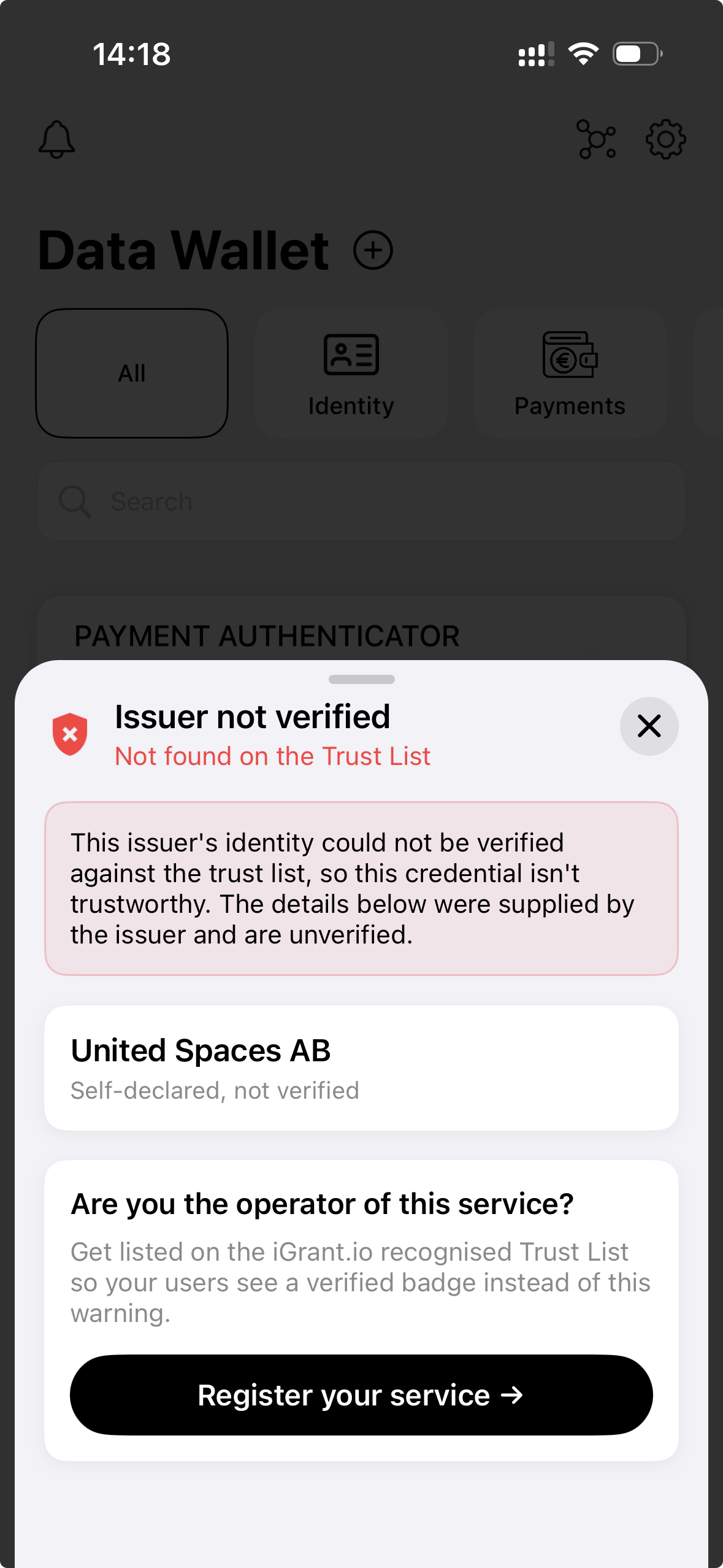 Data Wallet showing the Issuer not verified popup during issuance