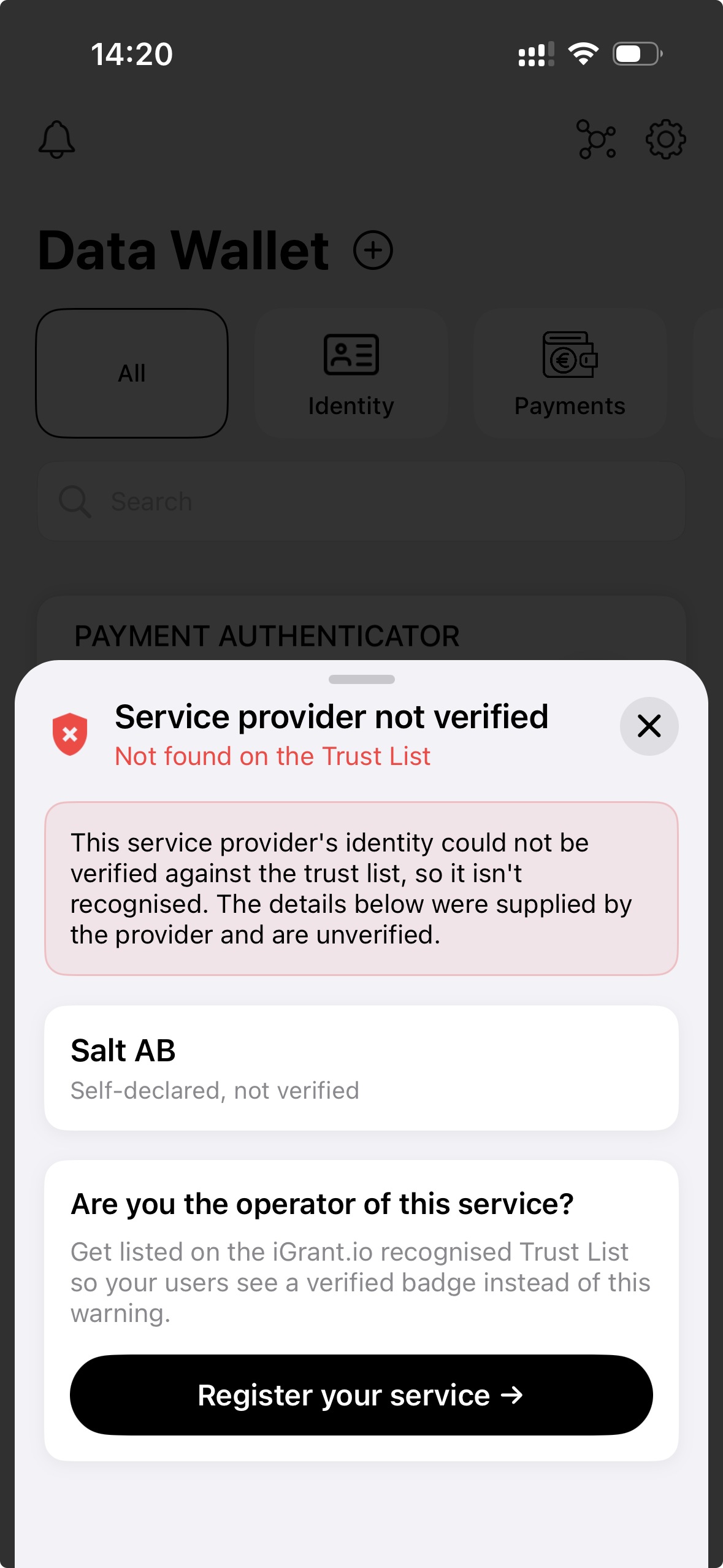 Data Wallet showing the Service provider not verified popup during presentation